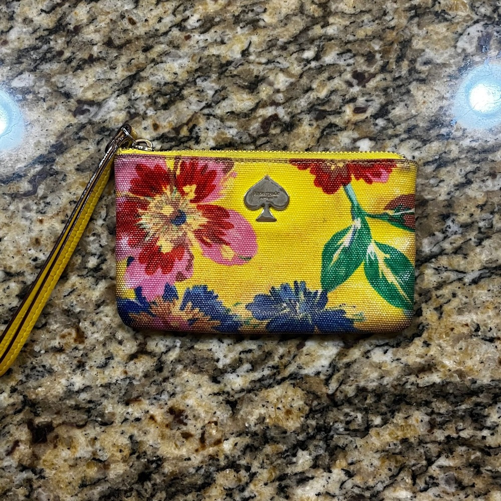 Kate Spade New York Yellow Floral Coated Canvas Wristlet Pouch Gold Hardware
